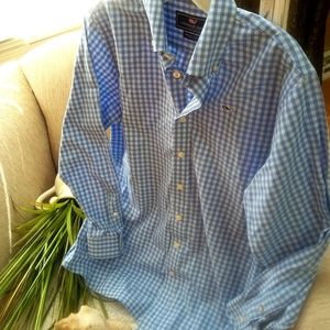 Vineyard Vines Blue Gingham Whale Shirt SZ L 16/18